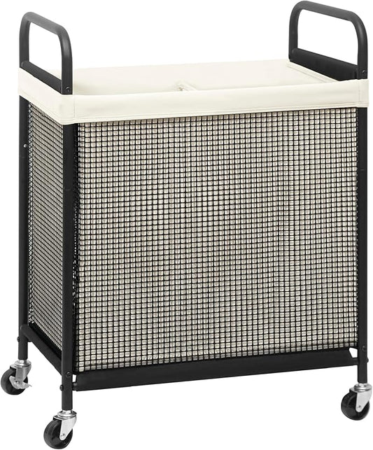 STORAGE MANIAC Rolling Laundry Hamper with Wheels 2-Section Laundry Sorter Rolling Laundrys Basket on Wheels with Removable Bag Clothes Hamper Laundrys Organizer Cart Bathroom Bedroom 100L Beige