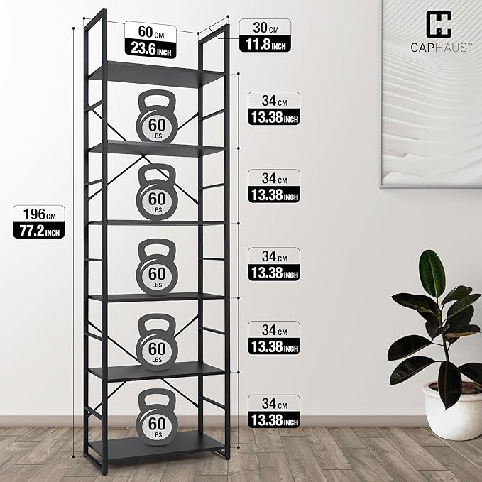 CAPHAUS 6 Tier Bookshelf, 24 Inch Width Free Standing Shelf, Bookcase Shelf Storage Organizer, Industrial Book Shelves for Home Office, Living Room, Kitchen, Black Shelves & Metal Frame-NeatNest