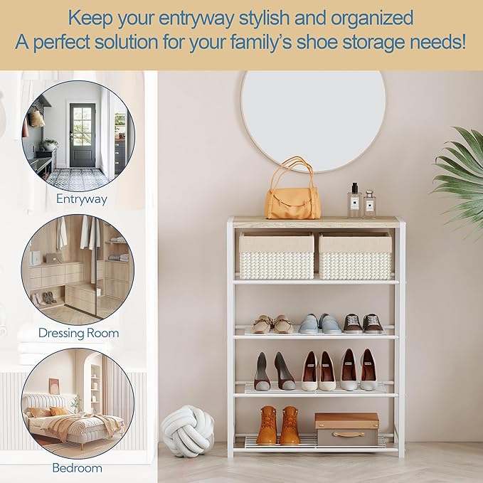 Yusong Shoe Rack Organizer, 5 Tier Industrial Shoe Storage Shelf, Narrow Sturdy Metal Shoe Shelves for Closet Entryway, White-NeatNest