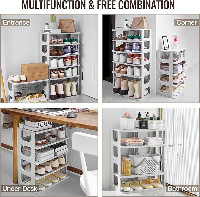 TRZZ 7-Tier Small Shoe Rack, Vertical Narrow Stackable Organizer with Removable Partition, Efficient Shoe Storage for Closet, Entryway, and Small Spaces (Grey)-NeatNest