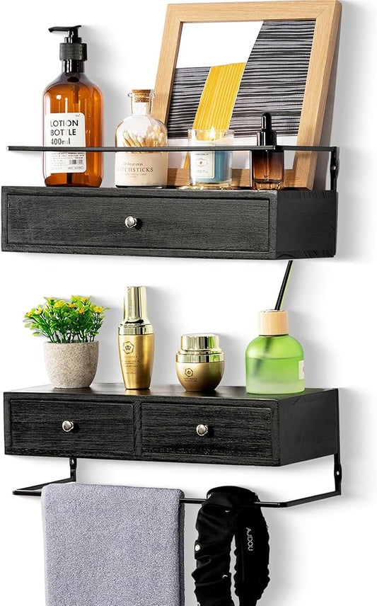 Floating Shelves for Wall Storage, Wall Mounted Bathroom Shelf with Drawers Set of 2, Rustic Wood Wall Shelves for Bedroom, Living Room, Kitchen, Home Decor, Plants, Books (Black)-NeatNest