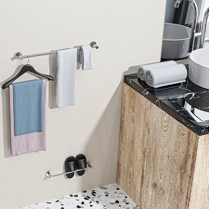 Adjustable Single Bath Towel Bar 16 to 27.6 Inch,ZUEXT Chrome Finished Stainless Steel Towel Holder Hanger,Retractable Wall Mounted Towel Rail for Bathroom Kitchen,1" Tube Towel Rail Rack w/S Hooks