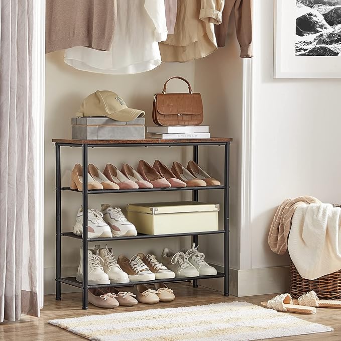 VASAGLE Shoe Rack, 4-Tier Shoe Storage Organizer for Entryway and Closet, Holds 9-12 Pairs of Shoes, 3 Fabric Shelves, Steel Frame, Industrial, Rustic Brown and Black ULBS035B01-NeatNest