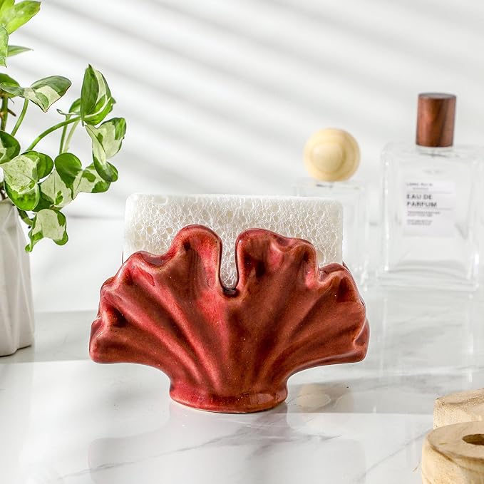 Ceramic Sponge Holder,Sponge Holder for Kitchen Sink,Compact Sink Caddy Organizer-Scouring Pad and Dish Sponge Holders,Farmhouse Kitchens Decor Cute Kitchen Gadgets Accessories(Red)-NeatNest