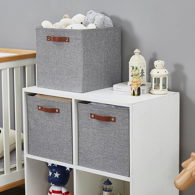 Collapsible Fabric Storage Cube Bins with 2 Reinforced PU Handles, Foldable Storage Organizer Baskets for Closet, Shelves, Living Room | 13"x13"x13", 4 Pack, Full Gray-NeatNest