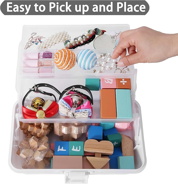 11(in) Versatile Three-Layer Folding Organizer Box,Ideal for Art & Crafts,Toys,Sewing Supplies,Jewelry and Tools,Storage with Dual Trays,Elegant White
