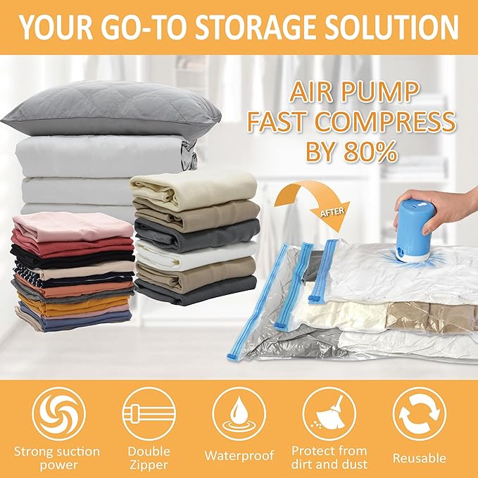 Vacuum Storage Bags with Electric Pump, 22 Pack (3 Jumbo/3 Large/8 Medium/8 Small) Vacuum Seal Space Saver Bags for Clothing, Pillows, Blanket, Bedding, Comforters-NeatNest