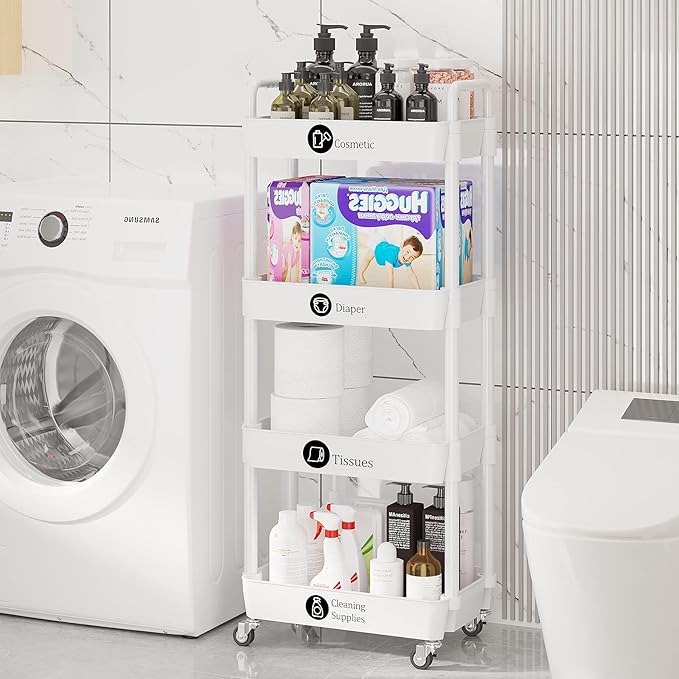 Laiensia 4-Tier Storage Cart,Multifunction Utility Rolling Cart Kitchen Storage Organizer,Mobile Shelving Unit Cart with Lockable Wheels for Bathroom,Laundry,Living Room,With Classified Stickers,White-NeatNest
