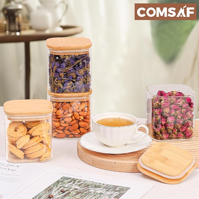 ComSaf 0.7 Qt Glass Food Storage Jars Set of 4, Clear Glass Storage Containers with Lids, Pantry Organization Jar, Spice Jar, Blooming Tea, Coffee and Sugar Container, Small Canister Set for Kitchen-NeatNest