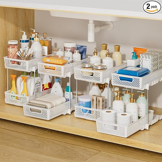4 Pack Pull Out Bathroom Organizers and Storage, 2 Tier Stackable Under Sink Storage Organizer for Bathroom, Kitchen Cabinet, Pantry, and Medicine Holder, Organization and Storage - White-NeatNest