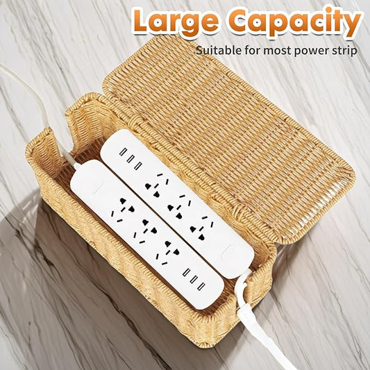 Cable Management Box Organizer,Handmade Rattan Cable Organizer with Lid,2 Side Open Slots Cord Organizer Hider Box to Hide Power Strip & Under Desk for Desk, Floor,12.4" x 5.11" x 5.11"-NeatNest