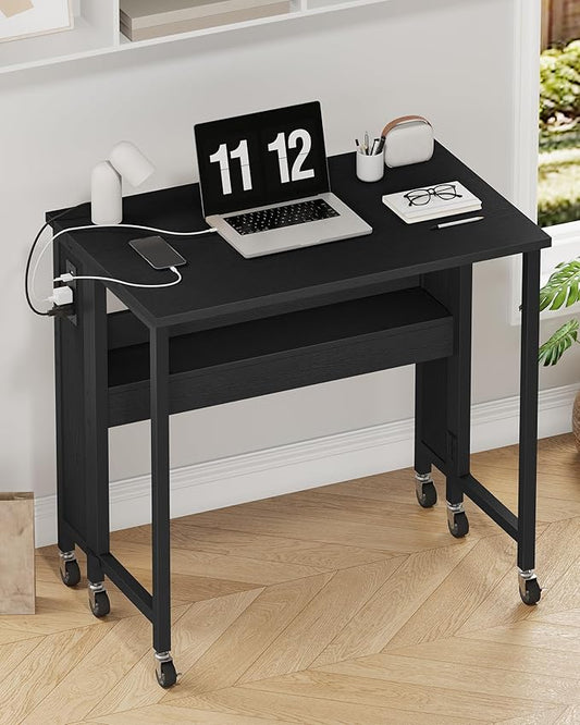 31.5" Modern Folding Computer Desk with Power Outlets, Wheels, Storage, Perfect for Small Spaces Black TDN01UBB-NeatNest