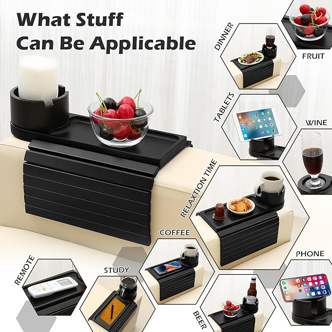 Couch Cup Holder Tray, 15.75" Bamboo Cup Holder for Couch, 3 in 1 Foldable Arm Chair Clip on Side Tray Table for Remote Snack Table on Armrest-NeatNest