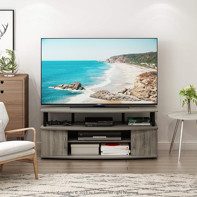 Furinno JAYA Large Entertainment Stand for TV Up to 55 Inch, French Oak Grey/Black-NeatNest