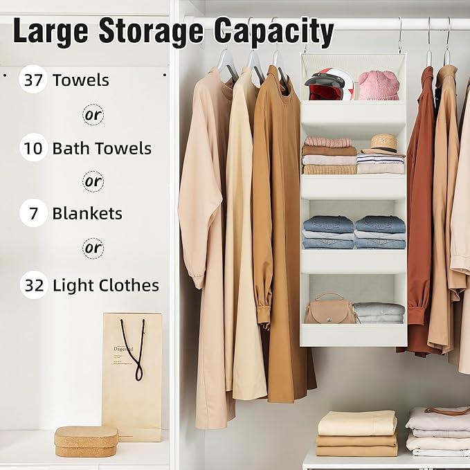 GRANNY SAYS 4-Shelf Hanging Organizer, Closet Hanging Shelves, Closet Hanging Storage Organizers, Organization for Bedroom, Living Room, Baby Nursery, Camper Accessories, Beige, 1-Pack-NeatNest