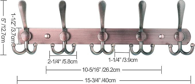 Dseap Wall Mounted Coat Rack - 5 Tri Hooks, Heavy Duty, Stainless Steel, Metal Coat Hook Rail for Coat Hat Towel Purse Robes Mudroom Bathroom Entryway,Antique Copper-NeatNest