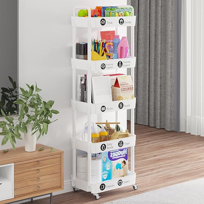 Laiensia 5-Tier Rolling Cart with Wheels,Multifunction Utility Storage carts, Kitchen Storage Organizer,Mobile Shelving Unit for Bathroom,Laundry,with Classified Stickers,White-NeatNest