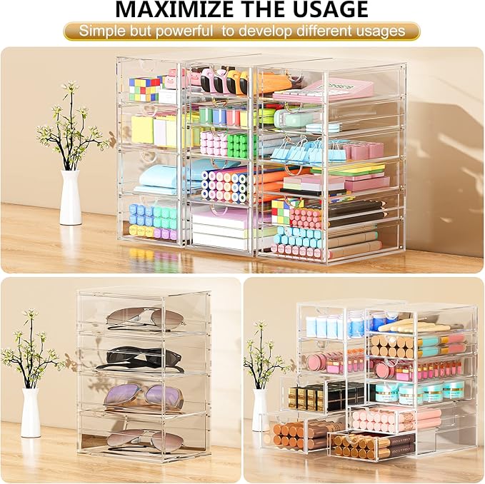 Acrylic 3 Pack Desk Organizers and Accessories, Makeup Organizer Storage With 15 Drawers, Desk Organizers, Dustproof Drawer Organizer and Storage for Make Up, Jewelry, DIY Pen-NeatNest