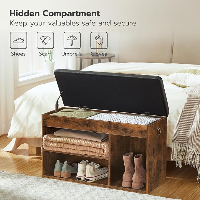 HOOBRO Shoe Storage Bench with Padded Cushion, Entryway Bench with Flip-Open Storage Box and Adjustable Shelf, Shoe Rack with Hidden Compartment, for Entryway, Living Room, Rustic Brown BF40HX01-NeatNest