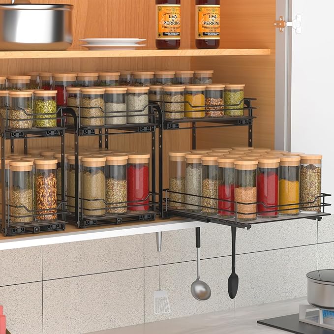 2-Tier Spice Rack, Pull Out Cabinet Organizer Spice Racks Height Adjustable Heavy Duty Metal Basket for Inside Cabinets & Pantry Closet(9.5''Wx10.5''Dx9.5''H)-NeatNest
