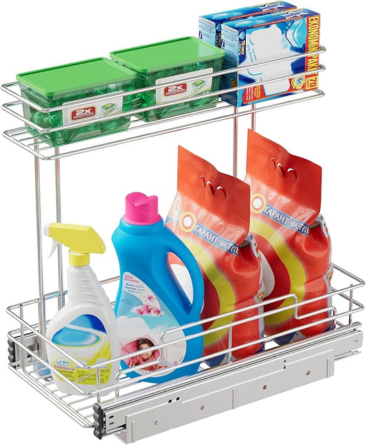 Under Sink Organizer 9" W X17 D, Pull Out Cabinet Organizer 2 Tier, Under Sink Slide Out Chrome Plated, Under Kitchen Bathroom Organizer, Pantry Cabinet Closet Organization Rack, 1 Pack-NeatNest