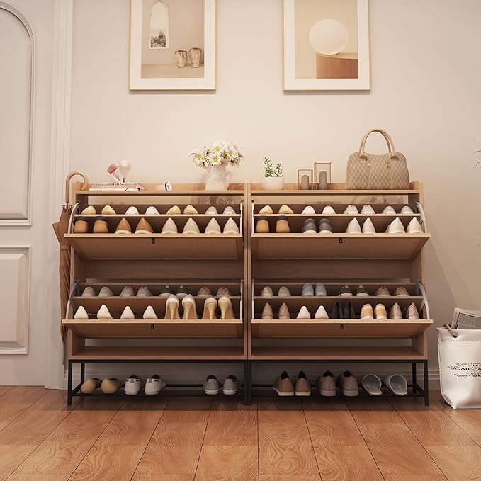 AVZEAR Narrow Shoe Storage Cabinet for Entryway with 2 Flip Drawers, Freestanding Shoe Cabinet with Natural Linen Panel, Slim Wood Shoe Organizer Closed Shoe Rack for Hallway, Foyer(Natural)-NeatNest