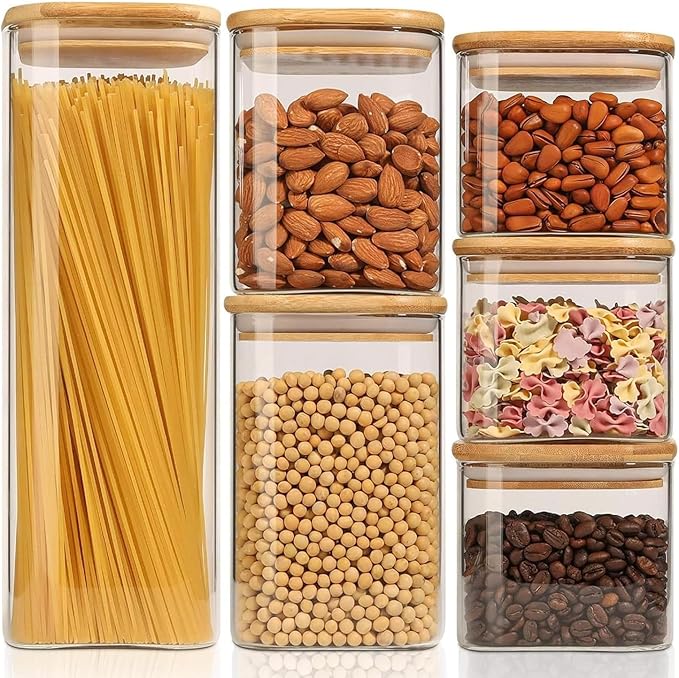 ComSaf Food Storage Containers with Airtight Lids Set of 6, Clear Glass Canister Food Jar with Sealing Lid Kitchen Pantry Storage Container for Spaghetti Pasta Sugar Flour Oat Cereal Beans, Square-NeatNest