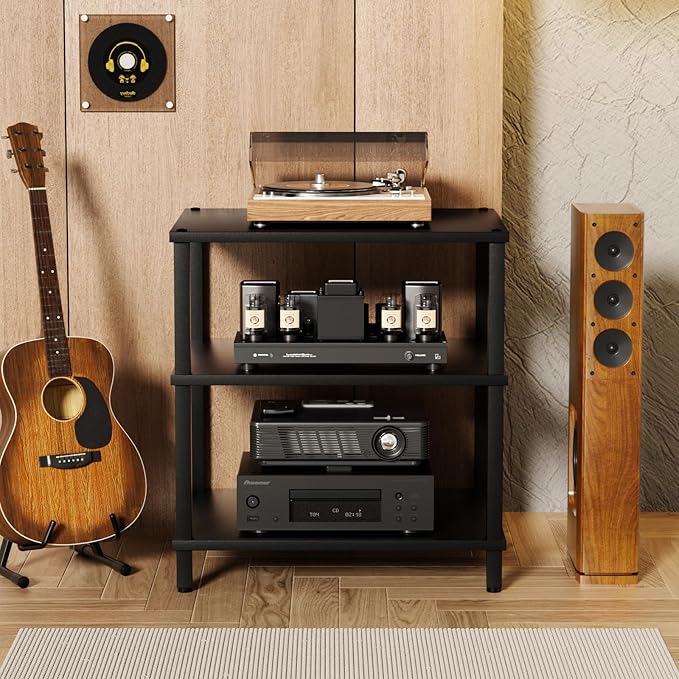 3-Tier AV Media Player Stand, Stereo Cabinet, Modern Stereo Cabine,Game Console Shelf,Wooden TV Stand,Multifunctional Entertainment Center, Suitable for Home, Conference Room, Game Studio,Black-NeatNest