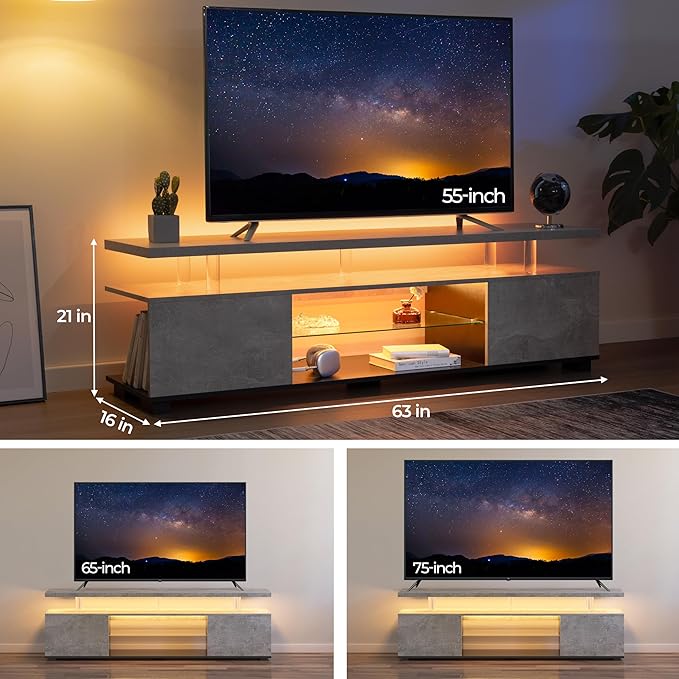 Grey TV Stand for Living Room,Glass TV Stands,LED TV Stand for 75+ inch TV,Long TV Stand for Living Room,Bedroom,Home Office-NeatNest