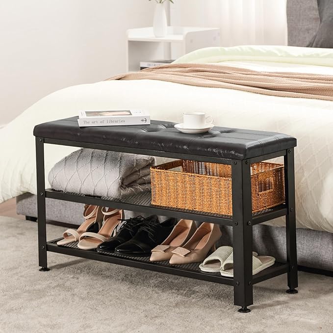 Apicizon 35.5" Shoe Rack Bench, 3-Tier Entryway Bench, with Leather Seat and Metal Frame, Loads 300 lb, Suitable for Living Room, Hallway, Mudroom, Doorway, Black-NeatNest