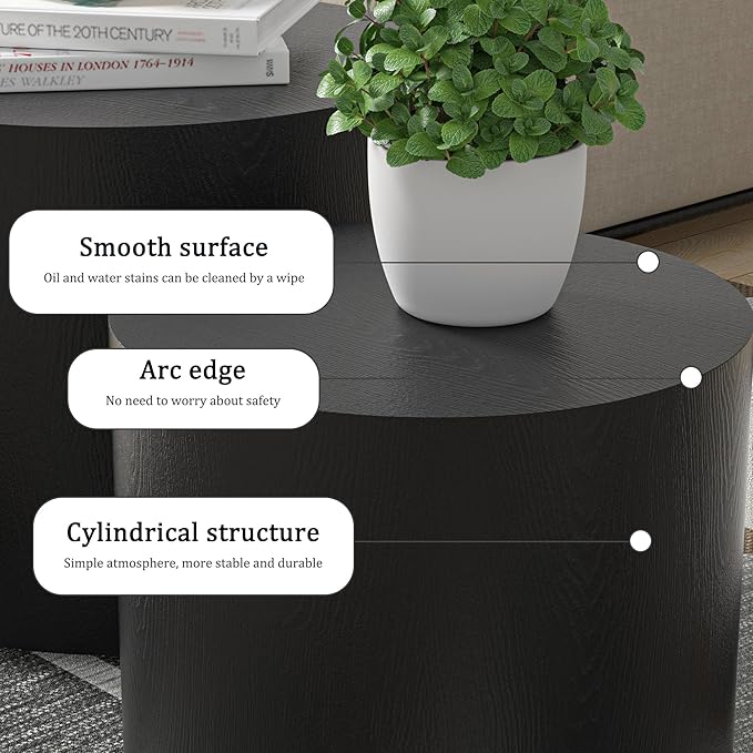 2-Piece Round Nesting Coffee Table, Circle End Table Wood Accent Table, Minimalist Side Table Set for Small Spaces, Living Room, Apartment(Black)