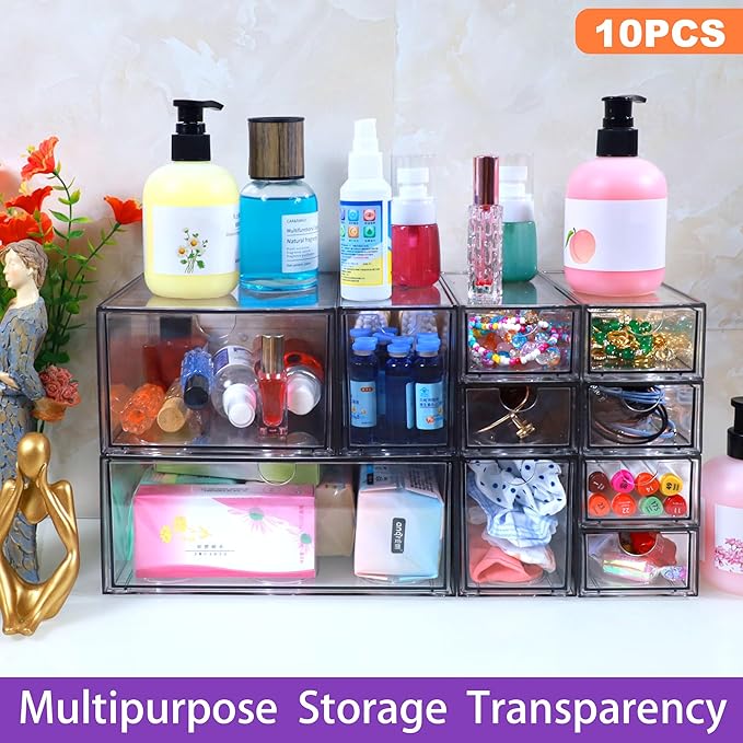 10 Pack Acrylic Makeup Organizer Clear Stackable Desk Organizers Dustproof Drawer for Make Up,Jewelry,Pen, Stationary-NeatNest