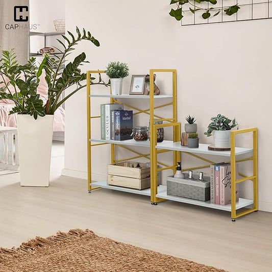 CAPHAUS 2 Tier Small Bookshelf, 24 Inch Width Free Standing Shelf, Bookcase Shelf Storage Organizer, Industrial Book Shelves for Home Office, Living Room, White Wooden Shelves & Gold Frame-NeatNest