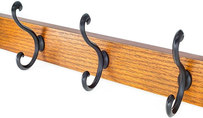 creathome Dual-Purpose Wooden Hanger with 4 Ring Hooks Classic Color, Behind/Over The Door Towel Rack for Bathroom, Heavy Duty Wall Mounted Coat Rack, No Drilling