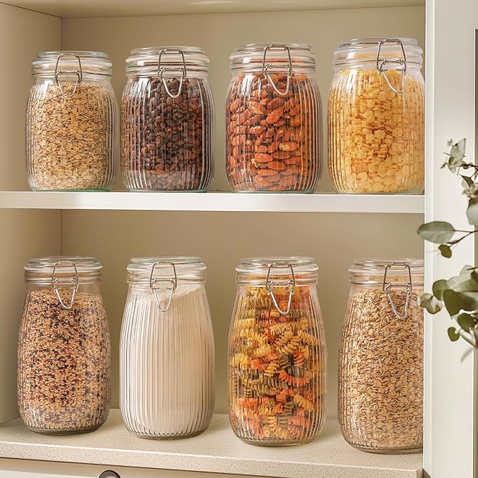 ComSaf Airtight Glass jar with lid 37oz Set of 3, Glass Storage Containers with Lids, Glass Canisters, Striped Clip Fastening Jar for Kitchen Canning, Tea, Pasta, Sugar, Beans, Cookie, Jam, Oat-NeatNest