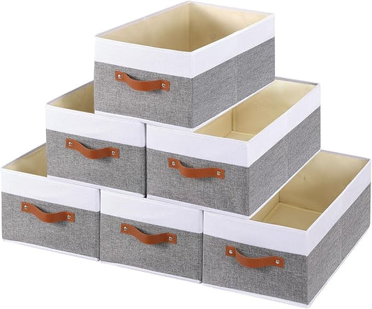 Foldable Storage Bins, 16.1 × 9.8 × 6.5 inch Closet Bin with Handles, Fabric Clothes Boxes for Drawers, Baskets for Organizing Shelves, 6 Pack, White and Grey-NeatNest