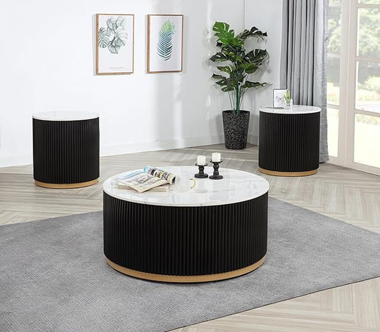 kevinplus Faux Marble Top Coffee Table Round Circle Coffee Table with Wheel Set of 2 for Living Room, Modern Luxurious Wooden Base Gold-Finished Style, Easy Assembly, Black & Gold & White, 2-Pcs
