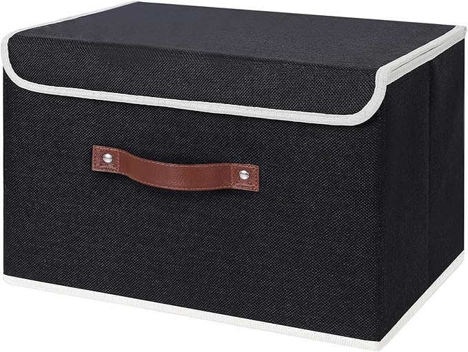 ANMINY Storage Bin with Lid Storage Boxes with PU Leather Handles PP Plastic Board Decorative Foldable Lidded Cotton Linen Fabric Home Cubes Baskets Closet Organizer Container - Black, Large Size-NeatNest