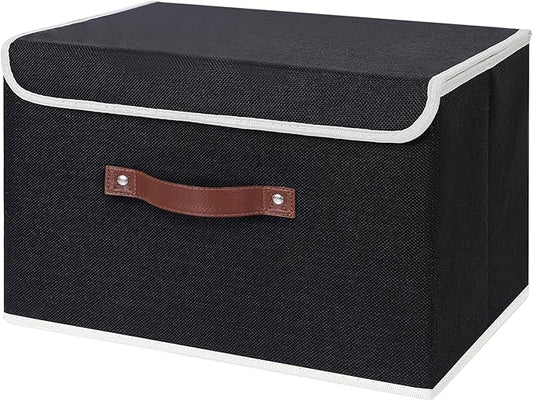 ANMINY Storage Bin with Lid Storage Boxes with PU Leather Handles PP Plastic Board Decorative Foldable Lidded Cotton Linen Fabric Home Cubes Baskets Closet Organizer Container - Black, Large Size-NeatNest