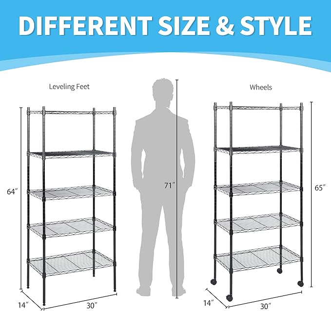 HealSmart Heavy Duty 5-Tier Shelving Units Adjustable, 65 "D x 14" W x 30 "H Wire Shelf with 1000 lbs Capacity, Black