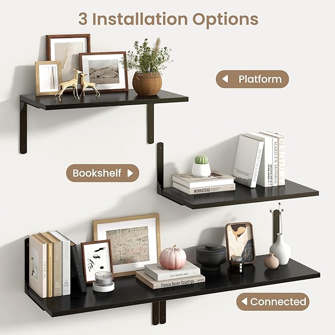 Fun Memories Floating Shelves for Wall, 12 Inch Deep Floating Shelves Set of 2, Wall Mounted Shelf with Metal Brackets, Rustic Wood Wide Shelf for Bathroom, Kitchen and Living Room, Black, 24W x 12D-NeatNest