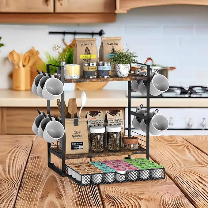 Coffee Station Organizer, 3 Tier Bar Organizer for Countertop, Mug Cup Holder Stand With 12 Hooks and 28 K Cup Storage for Kitchen, Home & Office, Rustic Brown-NeatNest