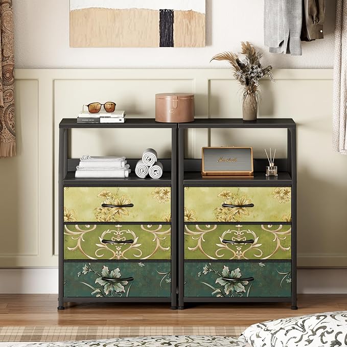 Furnulem Retro Night Stand with 3 Drawers and 2-Tier Shelf, Small Nightstand Side Table, Vintage Storage Dresser for Bedroom, Fabric Drawer Organizer for Closet, Beside Furniture-NeatNest