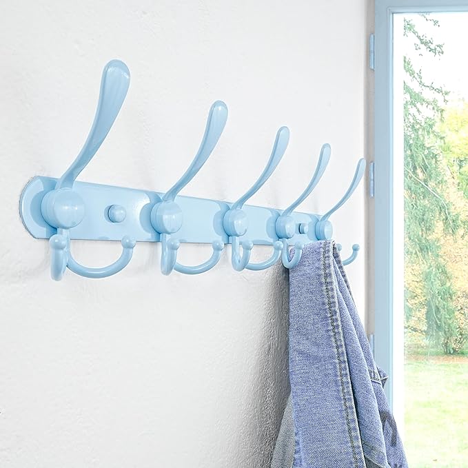 Dseap Coat Rack Wall Mounted - 5 Tri Hooks, Heavy Duty, Stainless Steel, Metal Coat Hook Rail for Coat Hat Towel Purse Robes Mudroom Bathroom Entryway, Blue-NeatNest