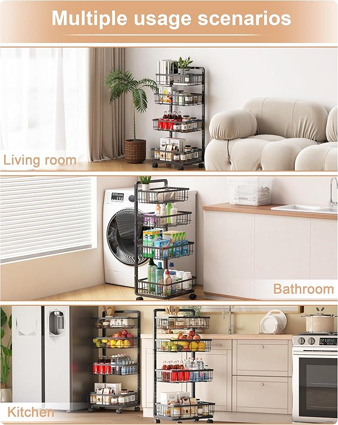 UMDONX 4-Tier Kitchen Storage Cart Metal Snack Cart Adjustable Fruit Basket on Wheels Stand Baskets for Potato Onion Produce Black