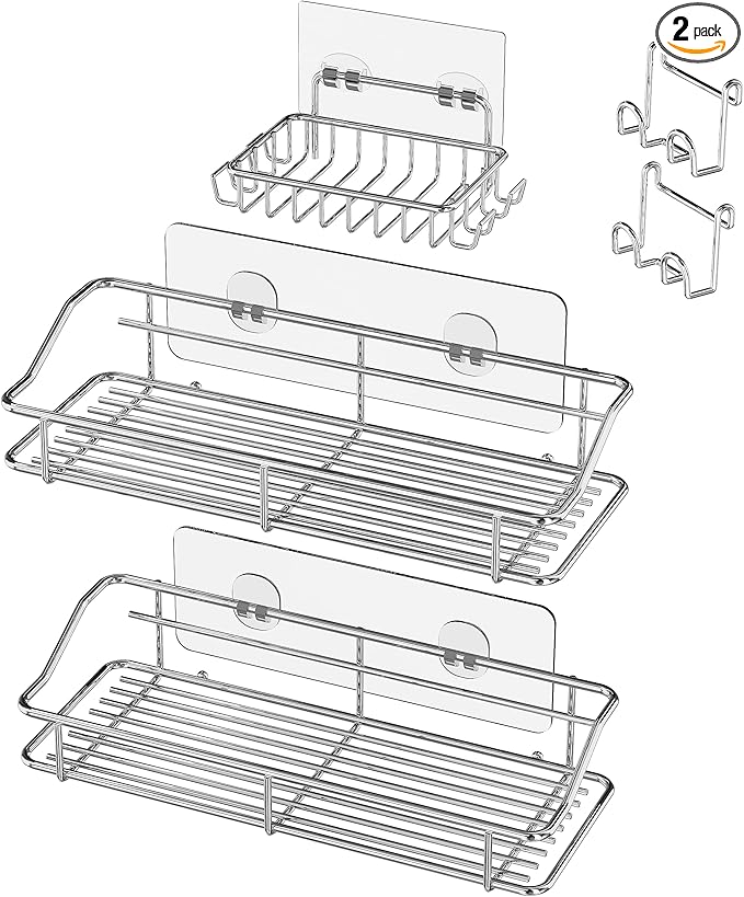 Nieifi Shower Caddy Shelf with Hooks Storage Rack Organizer Adhesive Stainless Steel without Drilling for Bathroom, Lavatory, Washroom, Restroom, Shower, Toilet, Kitchen (Sliver, 3 Pack)