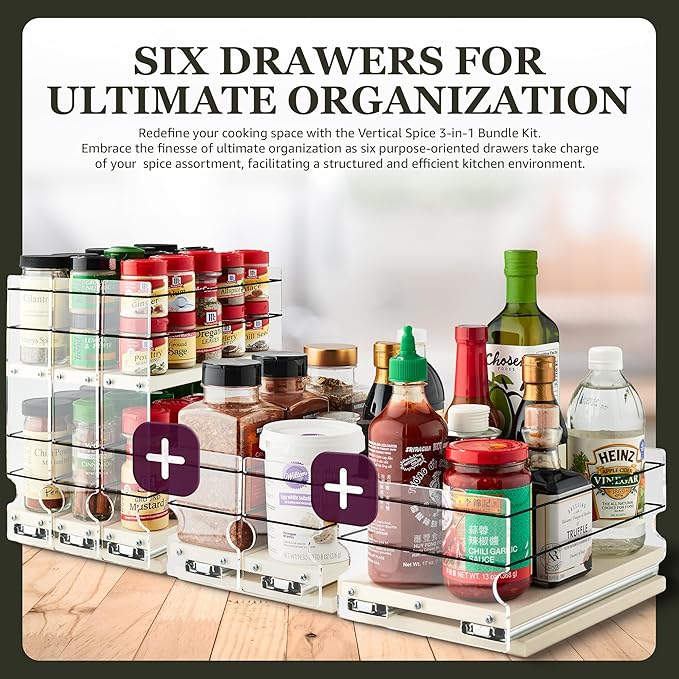 Vertical Spice - 3-in-1 Bundle Kit - Sliding Spice Rack & Pull Out Spice Rack for Inside Cabinets - Cabinet Organizer w/Shelves for Upper Kitchen Cabinets - Pantry Organizers & Storage - Made in USA