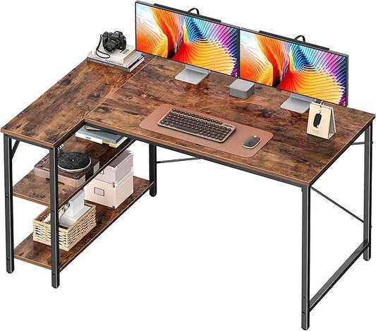 Huuger 47 Inches L Shaped Desk, Computer Desk with Reversible Storage Shelves, for Gaming Corner Home Office Writing Study, Metal Frame, Rustic Brown-NeatNest