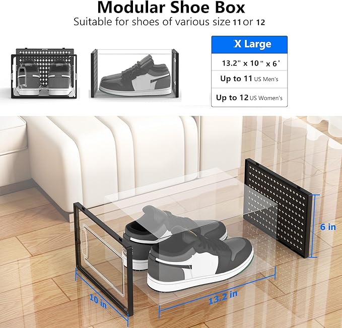 12 Pack X-Large Modular Clear Plastic Stackable Shoe Storage Organizer for Closet, Space Saving Versatile Sneaker Shoe Rack Containers Bins Holders, Portable Closet Organizers and Storage, White02-NeatNest