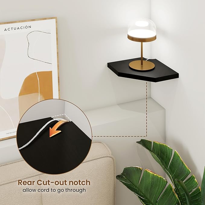 Fun Memories Corner Shelf Wall Mount, Solid Oak Wood Floating Corner Shelves with Cable Hole, 7in Rustic Design for Bedroom, Bathroom, Kitchen, Living Room (Black, 1 Pack)-NeatNest